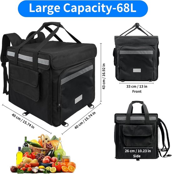 Geïsoleerde Bezorgtas - Afhaaltas Warm - Voedsel Transport - Uitneembare Verdeler - 68 Liter Capaciteit - Zwart — afbeelding 3