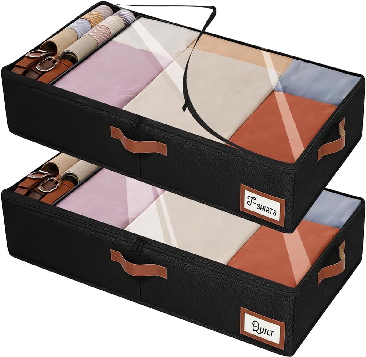 2 stuks opbergdozen voor onder het bed 85x45x15 cm met ritssluiting | Opvouwbare bedlade met kijkvenster en 3 handgrepen. Geschikt voor kleding dekens en lakens
