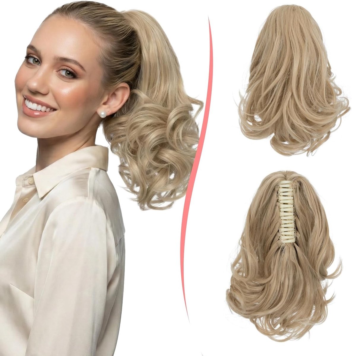 Lange krullende paardenstaartverlenging met klemclip, synthetisch haarstukje voor dames, 30 cm, 120 g, donkerblond met blondering, perfect voor een volumineuze look