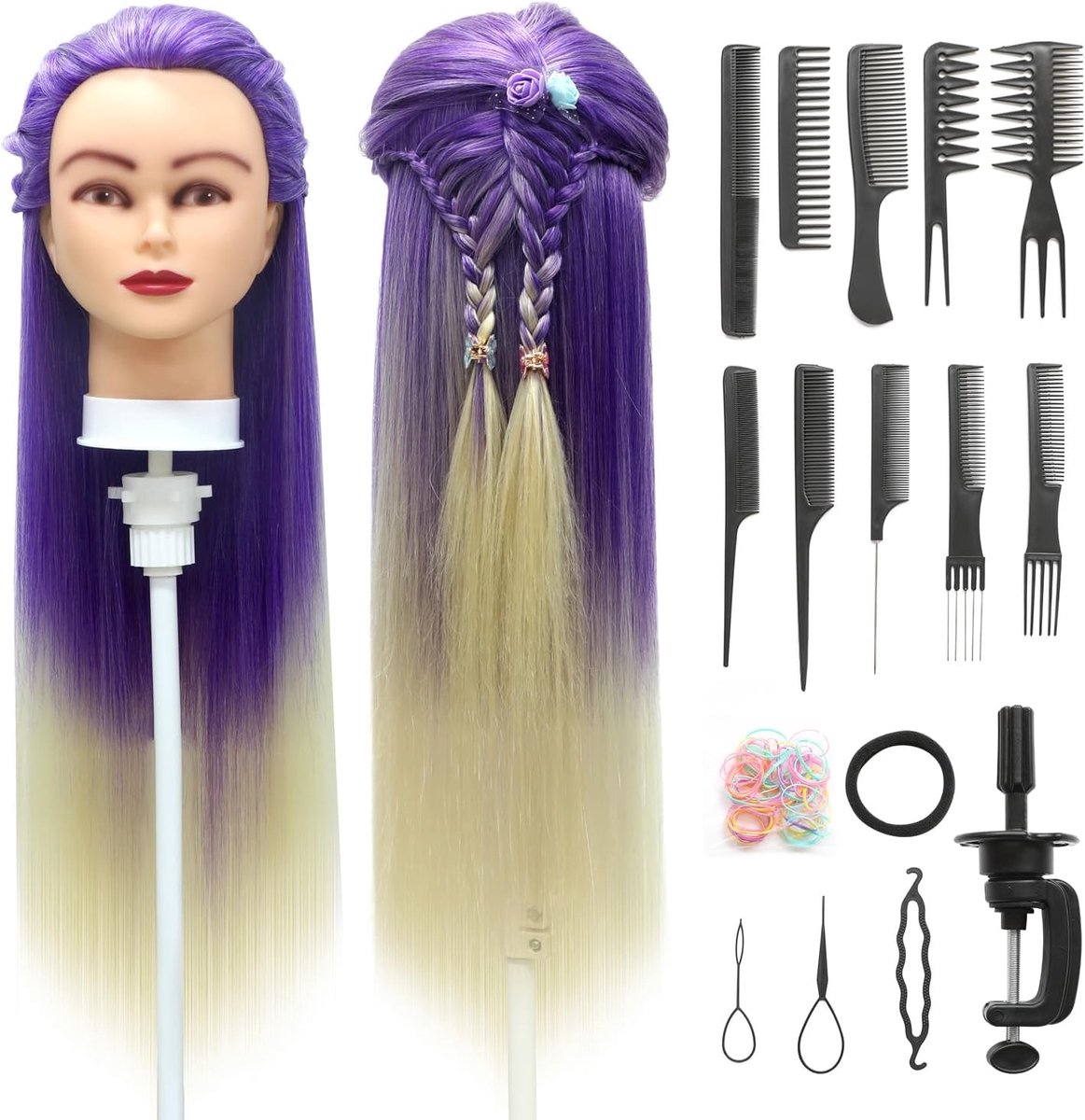 Oefenhoofd voor Kappers, 28 inch Haar Trainingshoofd van 100% Synthetisch Vezel met Klem en DIY Vlechtset voor Haarstyling en Kapsels (Paars/Wit)