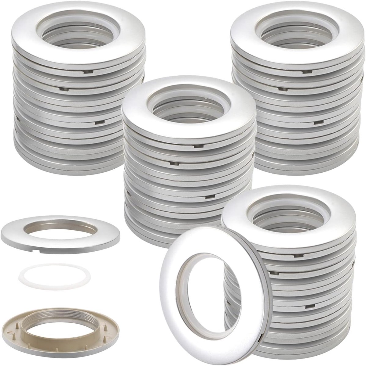 SnelShoppen - Pack van 32 Gordijnogen, Ronde Plastic Ogen, Clips, Binnen Diameter 40 mm, Voor Raamgordijnen, Douchegordijnen, Rond, Zilver Mat