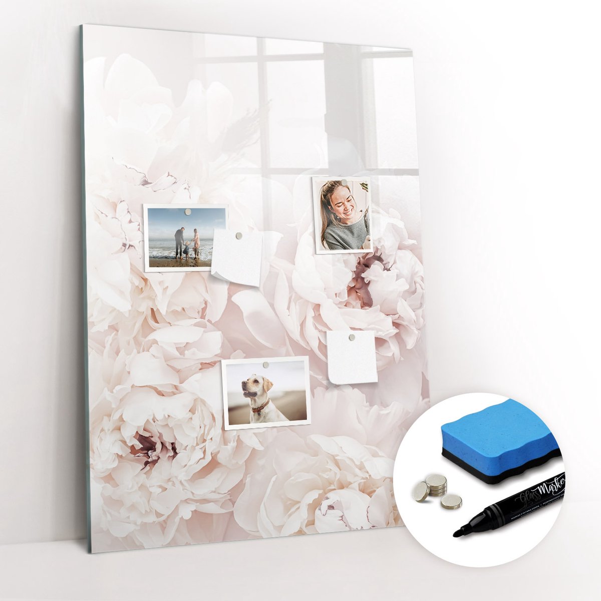 Tulup Whitebord - Pioenrozen - 70 x 100 cm - Roze Memobord Magnetisch - Gratis 5 Sterke Magneten + Whiteboard Marker & Wisser - Scandinavisch Design Bord - Memobord Glas - Notitiebord Werkplek
