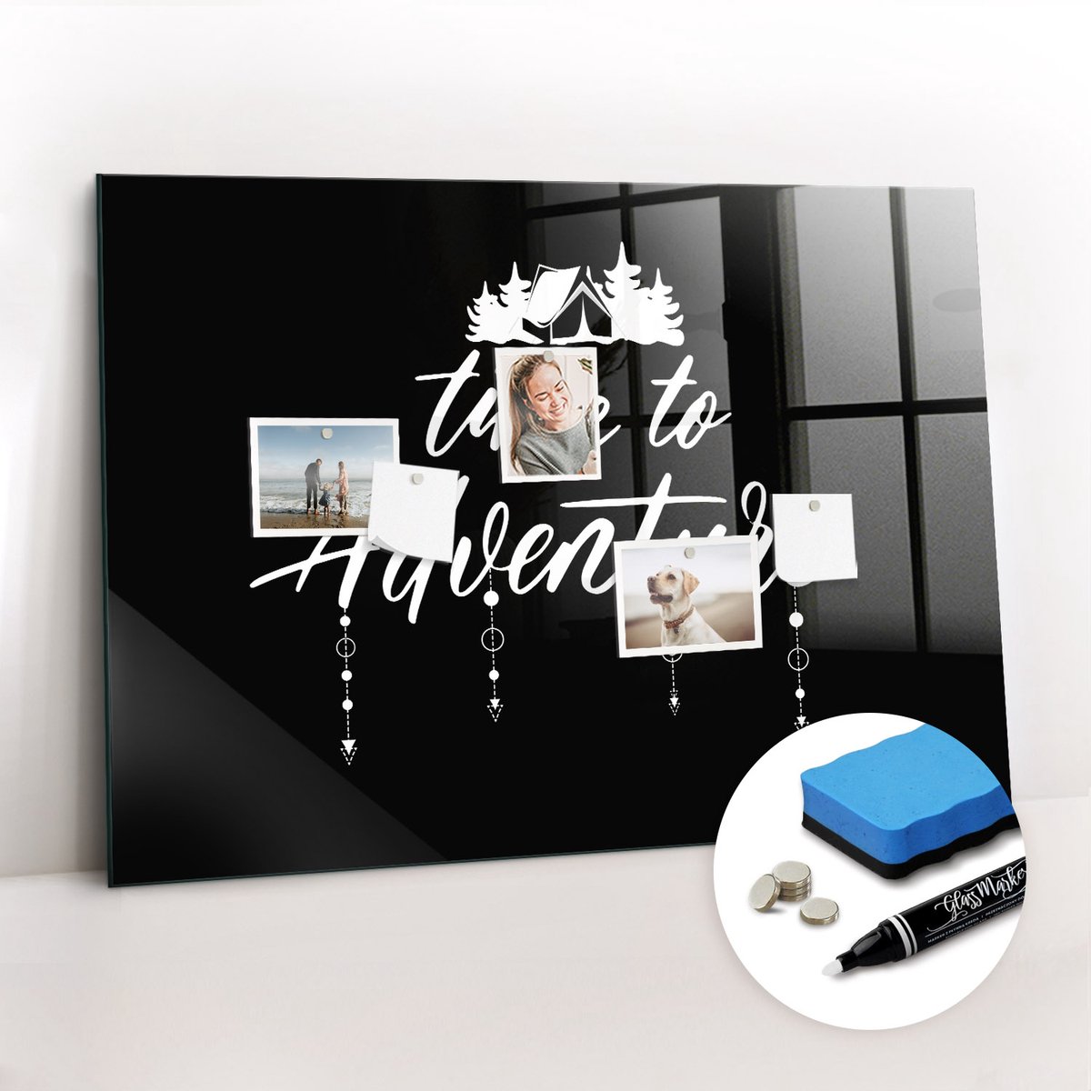 Tulup Whitebord - Tijd voor avontuur - 100 x 70 cm - Zwart Memobord Magnetisch - Gratis 5 Sterke Magneten + Whiteboard Marker & Wisser - Industrieel Wandbord - Magnetisch Wandbord - Productiviteit Tools