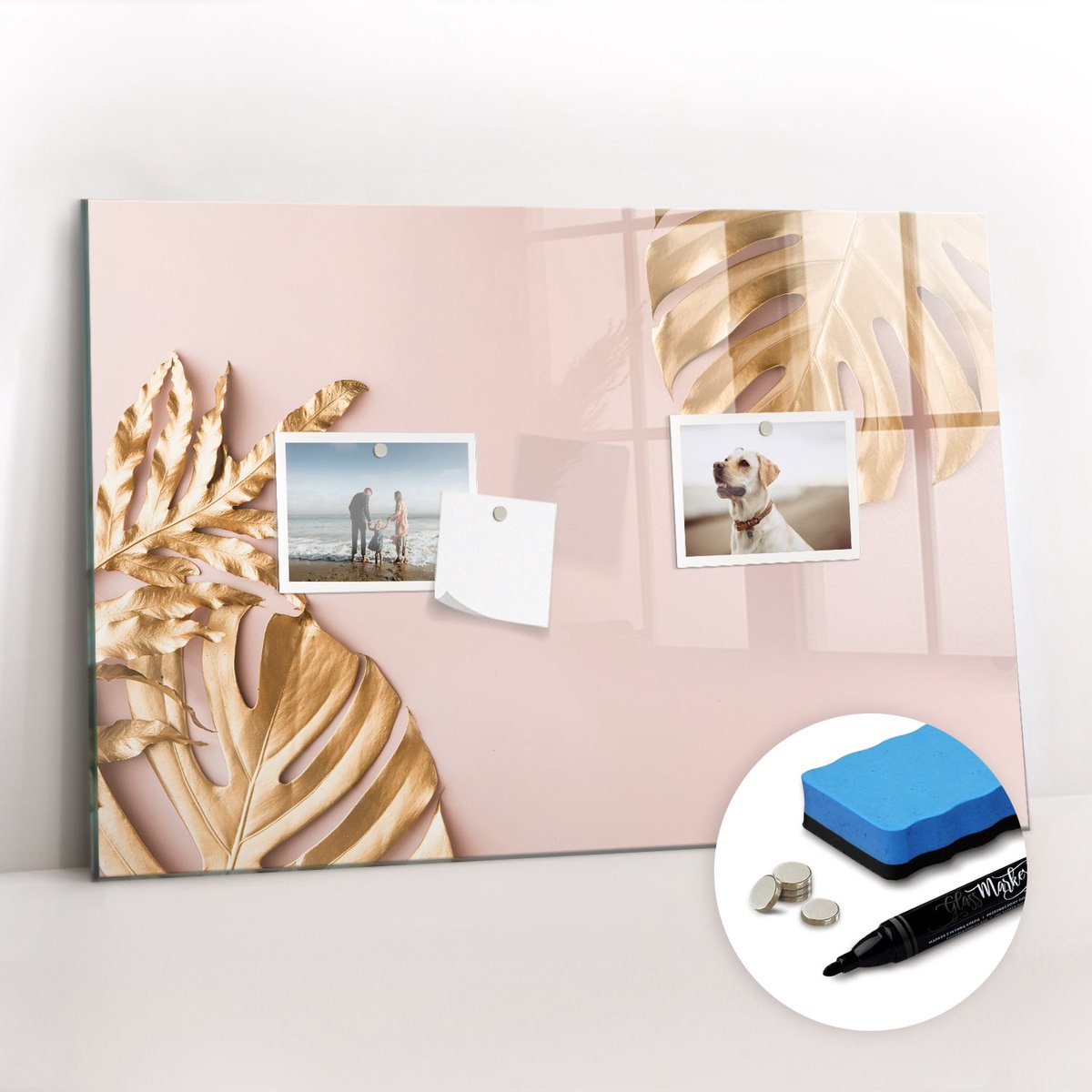 Tulup Whitebord - Gouden tropische bladeren - 60 x 40 cm - Geel Magneetbord Rechthoekig - Gratis 5 Sterke Magneten + Whiteboard Marker & Wisser - Decoratief Magnetisch Bord - Magneetbord Foto - Inspiratiebord Kantoor