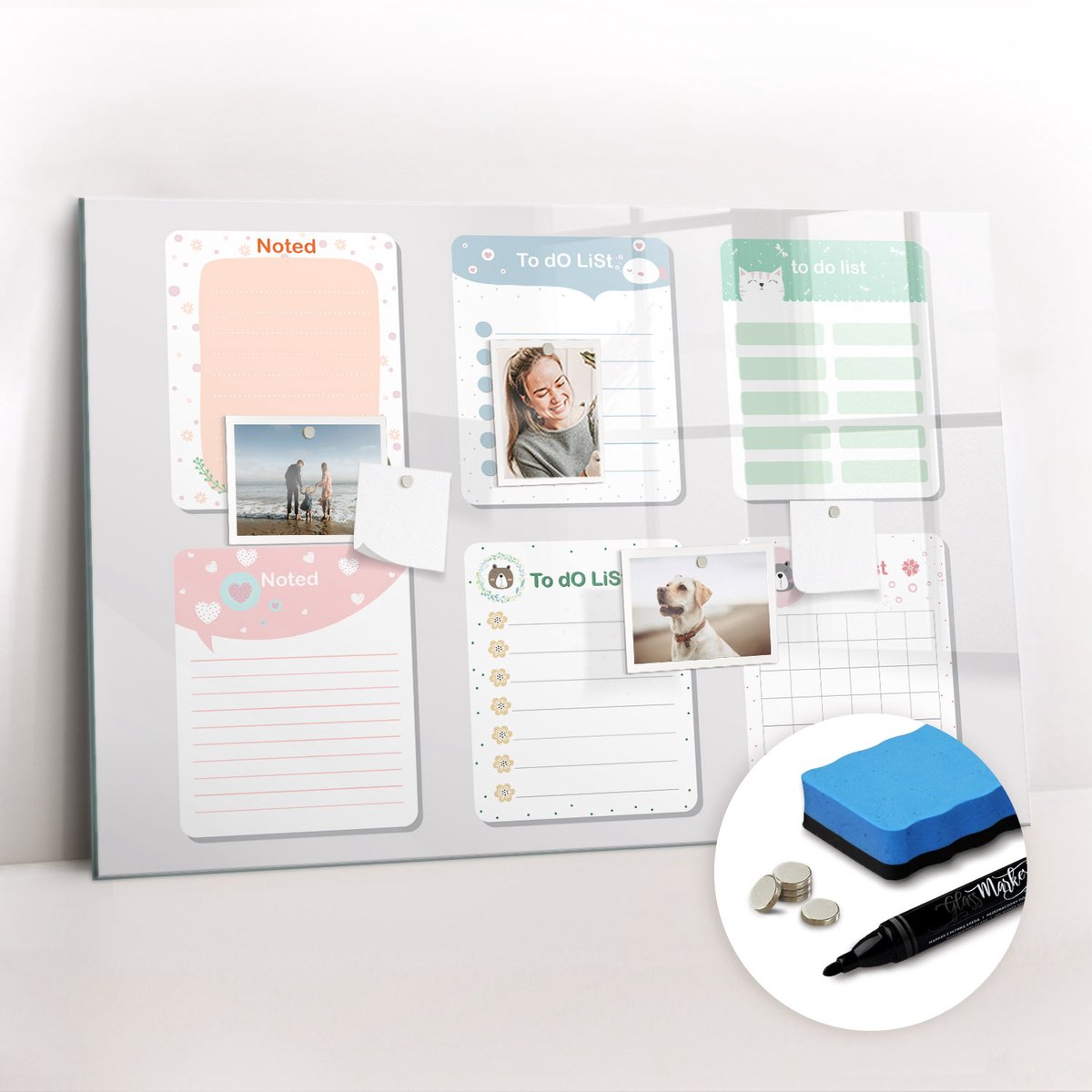 Tulup Whitebord - Gekleurde notities - 90 x 60 cm - Veelkleurig Memobord Keuken - Gratis 5 Sterke Magneten + Whiteboard Marker & Wisser - Decoratief Magnetisch Bord - Memo Magneetbord - Ideeënbord Thuiswerkplek