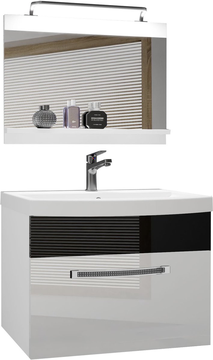 BELINI Badkamermeubel Set GLA P 1 - Badmeubelset 60 cm Wit/Zwart Hoogglans met Wastafel, Spiegel en LED Lamp - Wandmontage