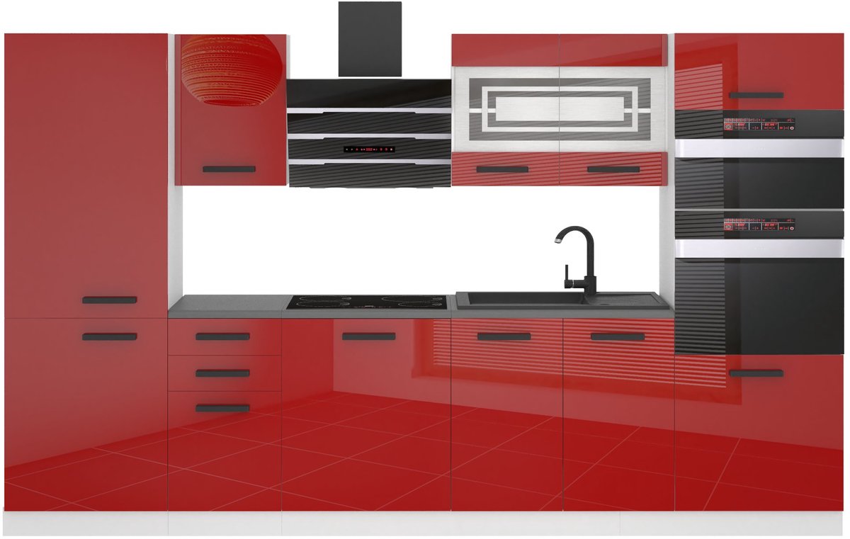 BELINI Keukenblok MILA - Keukenmeubel Set 300 cm Rood Hoogglans zonder Werkbladen - Boven- en Onderkasten