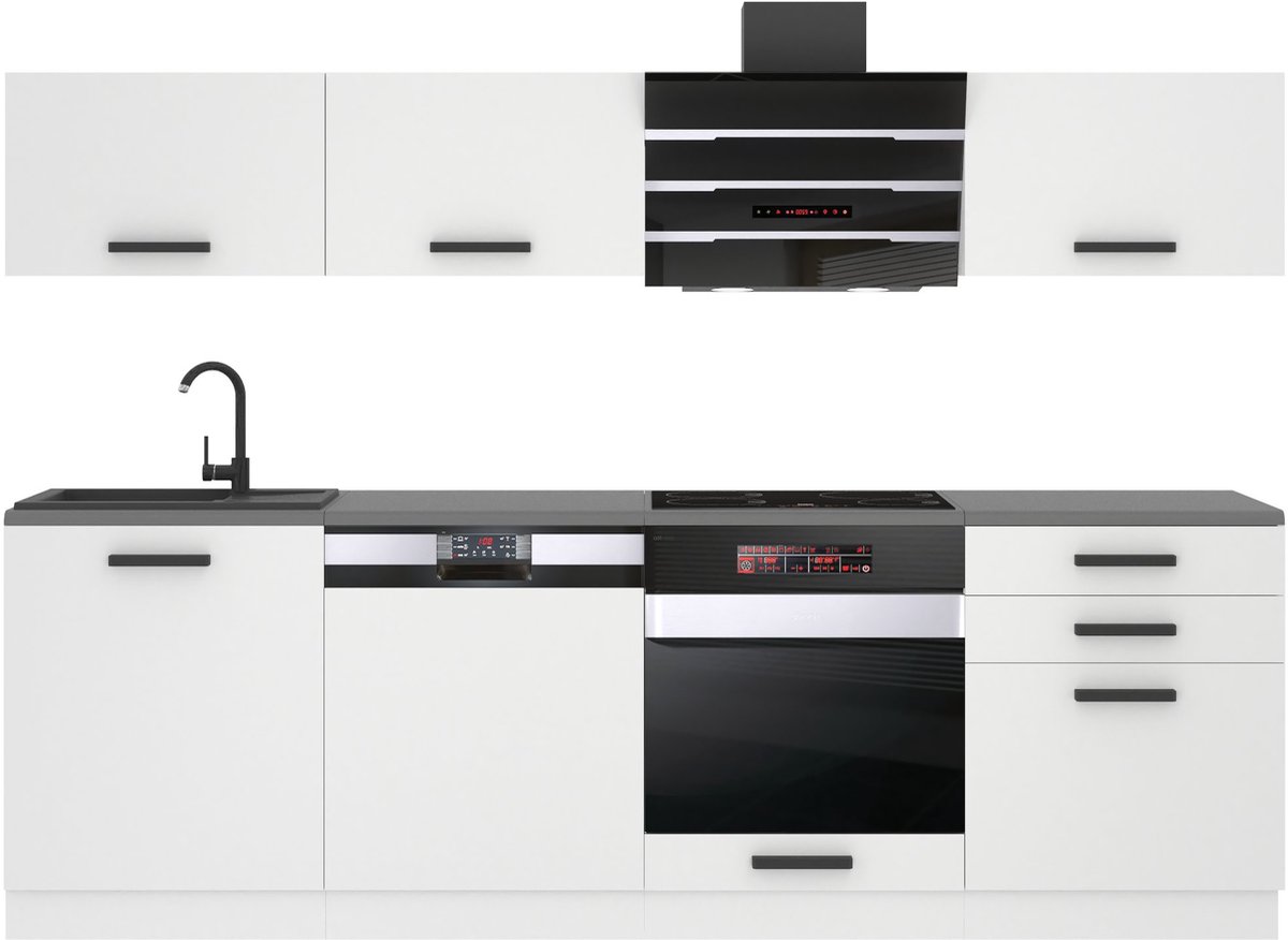 BELINI Keukenblok LINDA - Keukenmeubel Set 240 cm Wit Mat met Werkbladen - Boven- en Onderkasten
