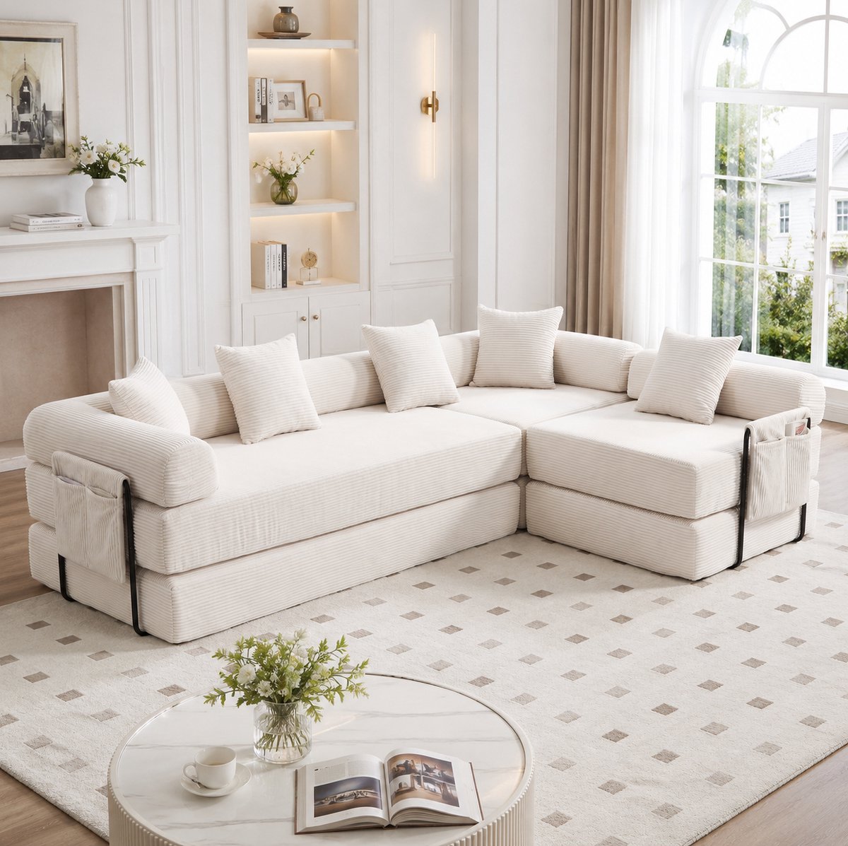 MODENUIT Hoekbank 270 x 180 cm - Modulaire Opstelling met Slaapfunctie - Woonkamer - Corduroy - Beige