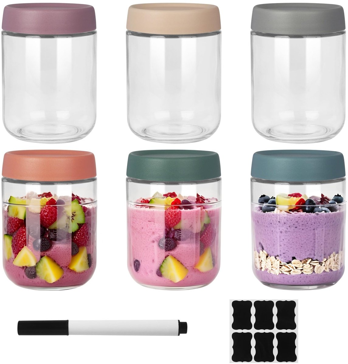 Omgoods - Set van 6 Glazen Potten voor Overnight Oats, Salades en Meer - 500 ml met Deksel