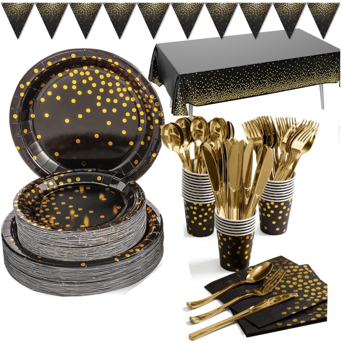 Omgoods - Set van 142 Stuks Zwart en Goud Tafelgerei voor Feestjes
