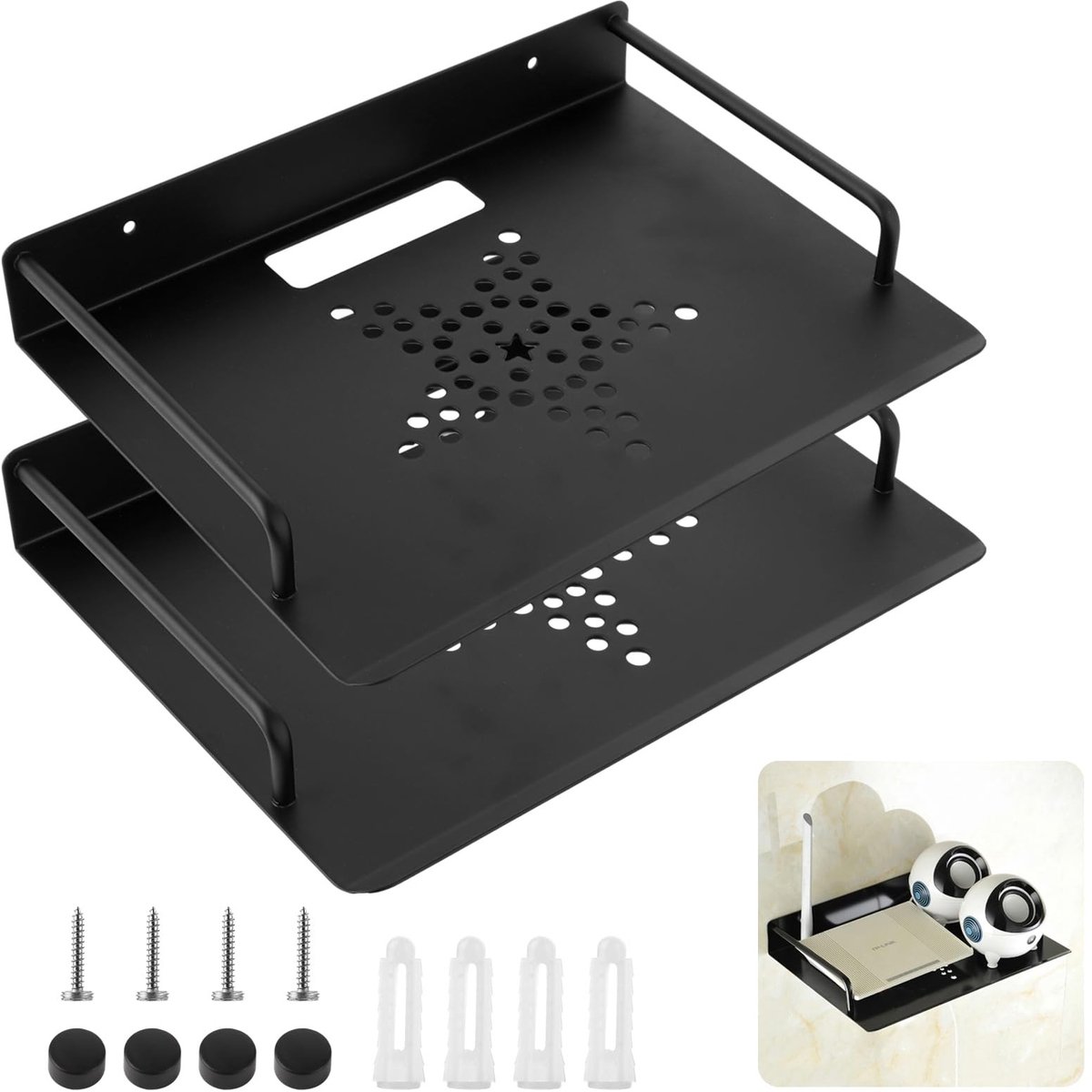 Omgoods- Routerrek Aluminium - 2 Stuks - Wandrek Zwart - Beamer Houder - Multimedia Rek - 26 x 21 cm - Koelgaten voor Warmteafvoer
