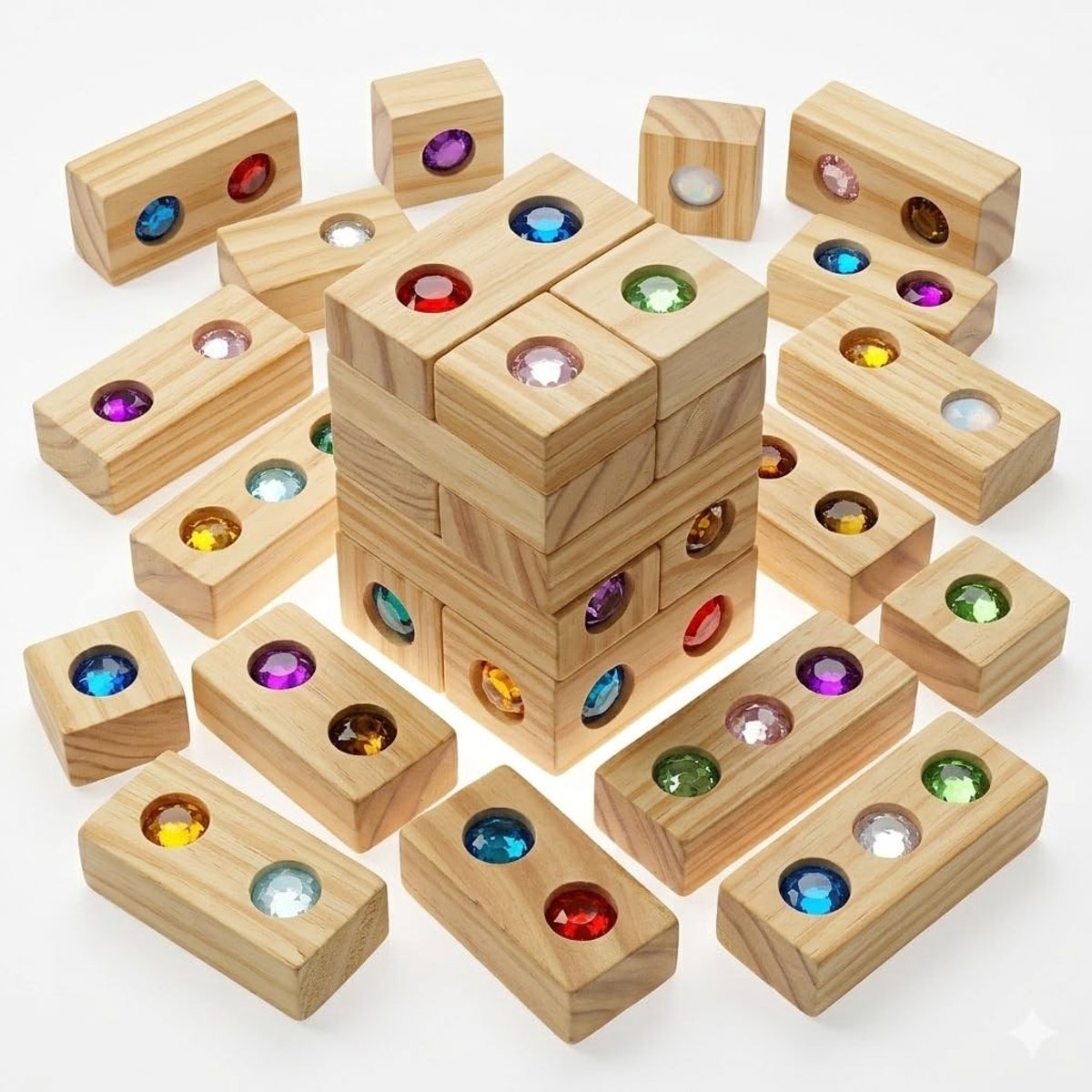 Omgoods - Houten Bouwblokken met Edelsteen Inzet, 32 Stuks Montessori Speelgoed