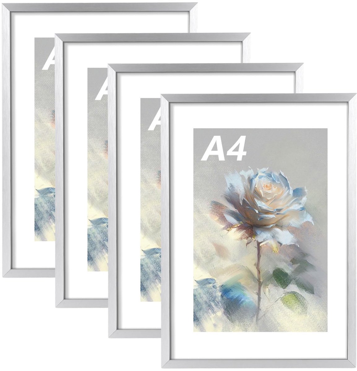 Omgoods- Fotolijst A4 - 4 Stuks - Zilver - 21 x 30 cm - Lijst voor Muur - Passe-partout - Geschikt voor Foto's/Posters