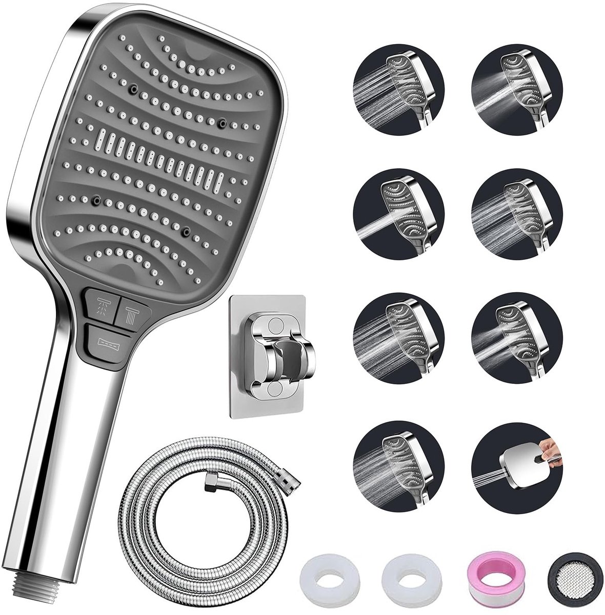 Omgoods - Chroom Douchekop met Slang en Wandbeugel, 8 Stralen