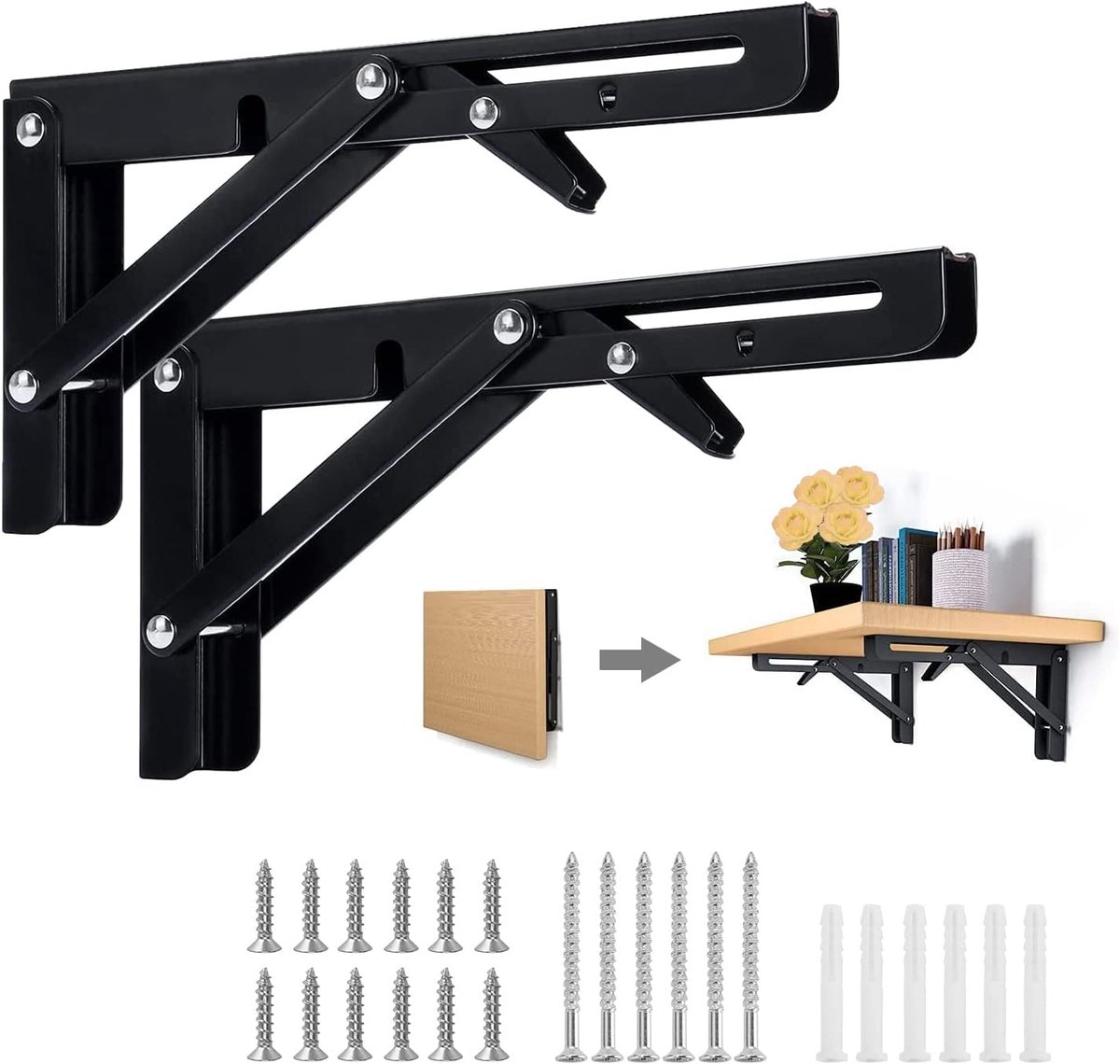 SnelShoppen - Vouwconsole Heavy Load 300 mm, 2 Stuks, Vouwscharnier, 90° Vouwtafel, Wandmontage, Metalen Vouwrek met Schroeven voor Thuis, Keuken, Rui