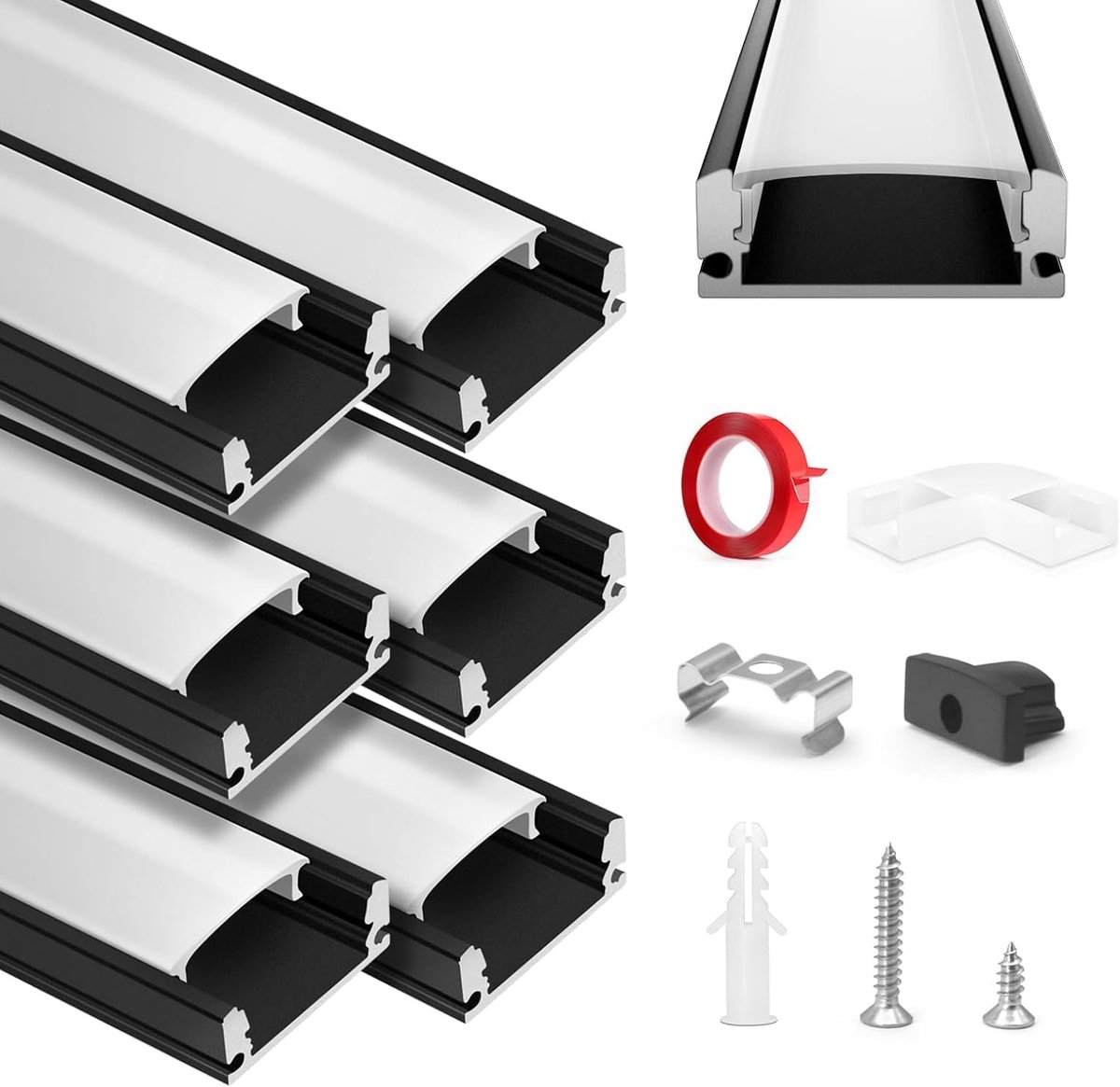 Aluminium Kanaal, HOMMAND 6 x 1m LED Aluminium profiel, LED Strip Kanaal en Diffuser, LED Strip Profiel met Hoekverbinder, Plakband, Eindkappen, Montage Clips, LED Profiel U vorm 6m