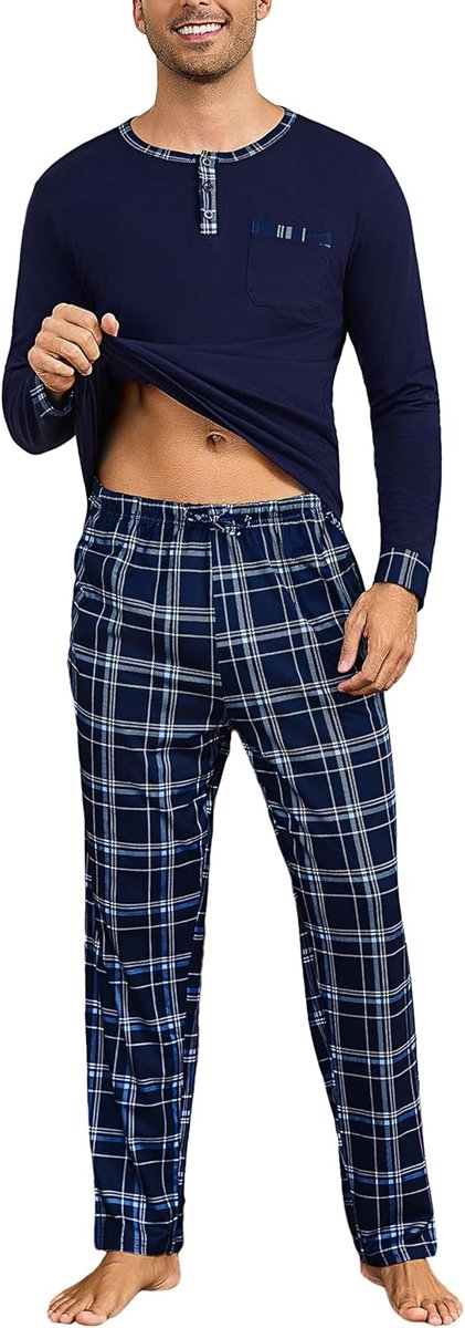 Pyjama voor heren, lang, katoen, tweedelige pyjamaset, ronde hals, bovendeel met geruite pyjamabroek, Donkerblauw, M
