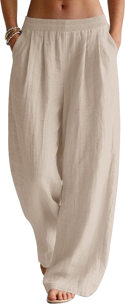 Linnen broek dames zomer broek casual strandbroek wijde pijpen vrijetijdsbroek elegante effen zomerbroek lichte linnen stoffen broek met zakken