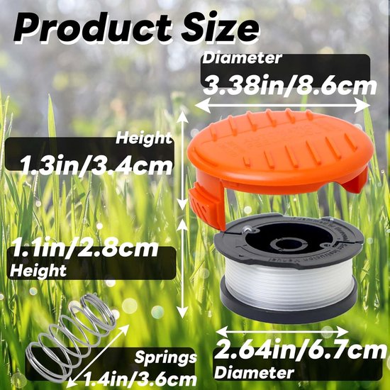 Spoelen, compatibel met Black & Decker grastrimmer, Ø 1,65 mm, 10 m trimmerspoel, bevat 12 reserve trimmerspoelen, 3 reservespoelafdekking en 3 reserveveren — afbeelding 2