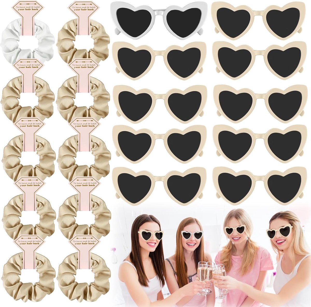 Bril Team Bride Haarelastiekjes, partybril, hart, zonnebril, 10 hartvormige brillen + 10 haarelastiekjes, vrijgezellenfeestbrillen en vrijgezellenfeest, decoratieve accessoires voor