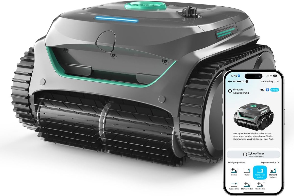 SnelShoppen - WYBOT C2 Pool Robot voor Wanden en Vloeren, Draadloos voor Ingebouwde Zwembaden, 150 m², Dubbele Filtratie, 3 Motoren, Sterke Zuigkracht