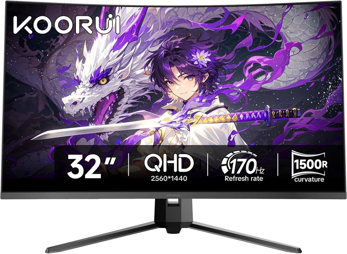 SnelShoppen - 32 inch KOORUI gebogen PC gaming monitor – QHD 2560 x 1440, 170 Hz, 1500R gaming-scherm met 1 ms reactietijd, HDR10, Adaptive Sync, HDMI