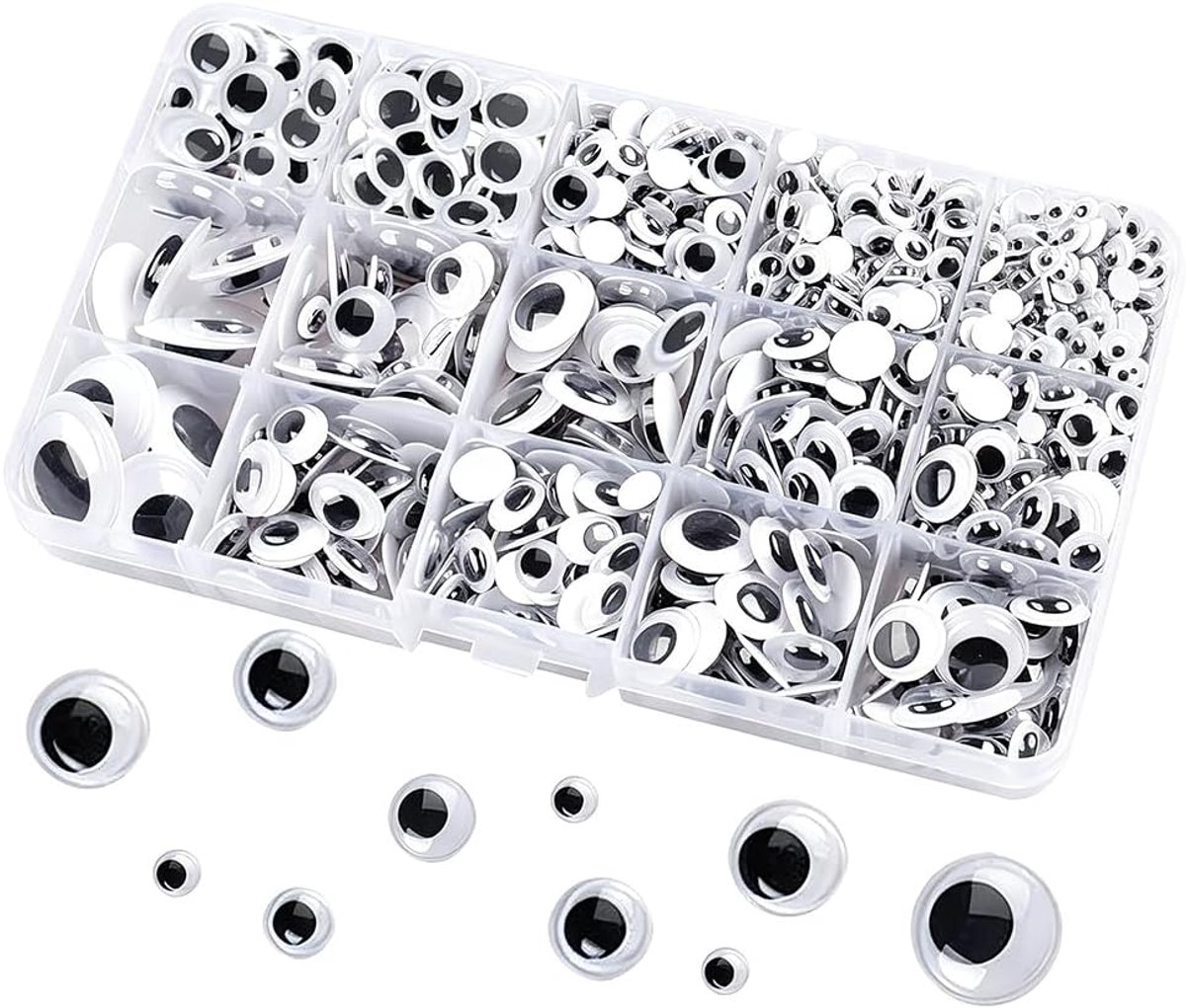 Ogen, zwart/wit, gemengd, 1280 stuks, 15 vakken, knutselogen, stickers voor knutselen, poppen, decoratie, scrapbooking, wenskaarten, kostuums, feestdecoraties, accessoireset