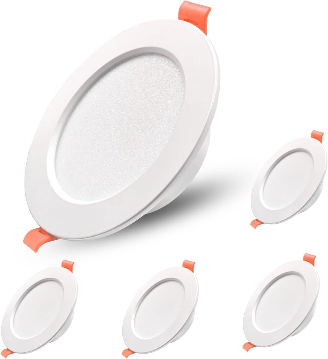Inbouwspots Plafond, 5x 7W,3000K Warmwit Wit, 600LM, LED Inbouwlampen voor badkamer, 33mm Ultra Flat Downlight, 90-100mm Gat, voor Woonkamer Keuken,Volledig Aluminium, Ronde Wit