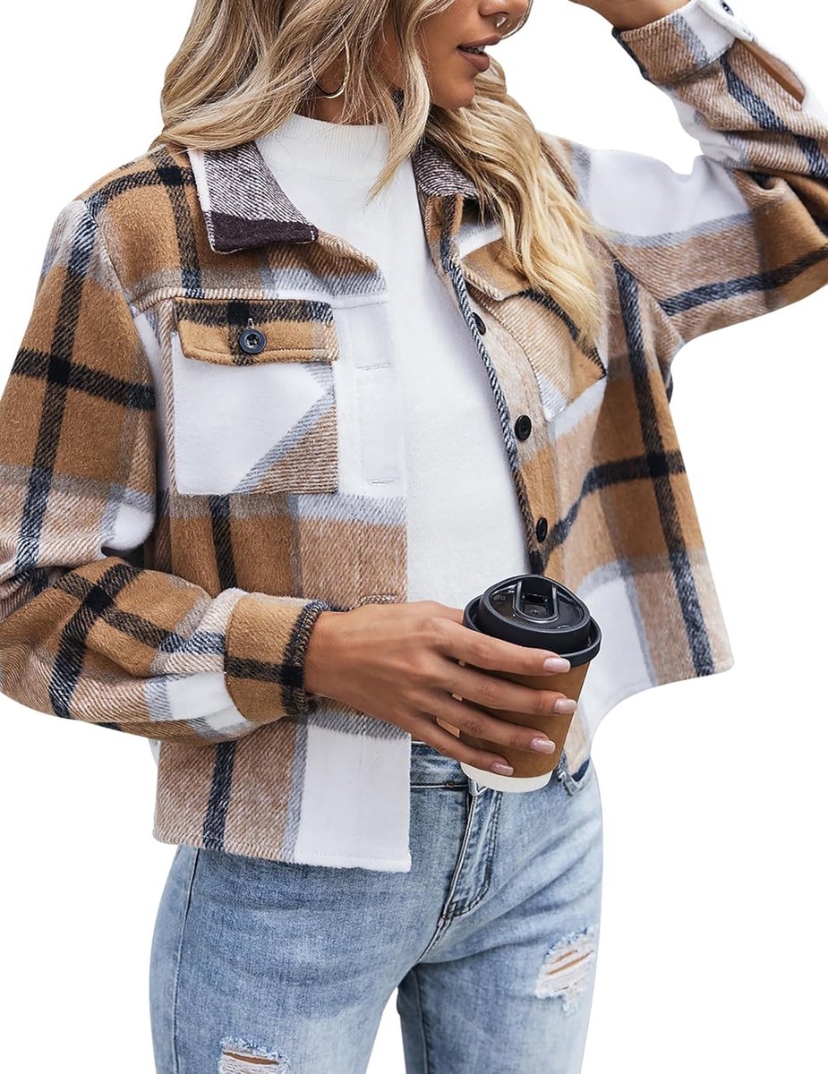 Flanellen jas voor dames, geruit, lange mouwen, korte jas, revers, button-down shacket
