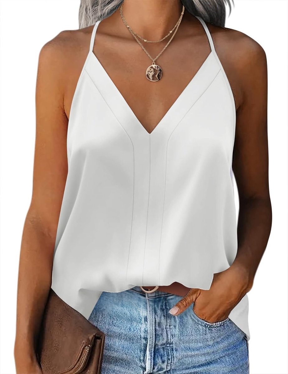 Spaghettibandjes satijnen hemdje voor dames, camisole, basic top, V-hals, tanktop met verstelbare bandjes, Wit, XL