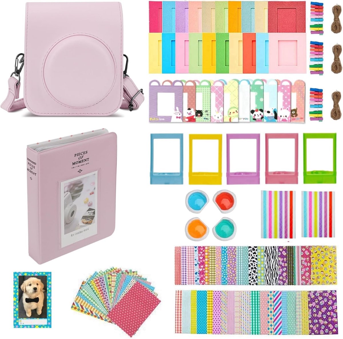 camera's, accessoire voor Instax Mini 12, cameratas voor Instax Mini 12 met 64 vakken, fotoalbum en kleurenfilter, fotolijst, wanddecoratie, raamstickers, hoekstickers, roze, Modieus