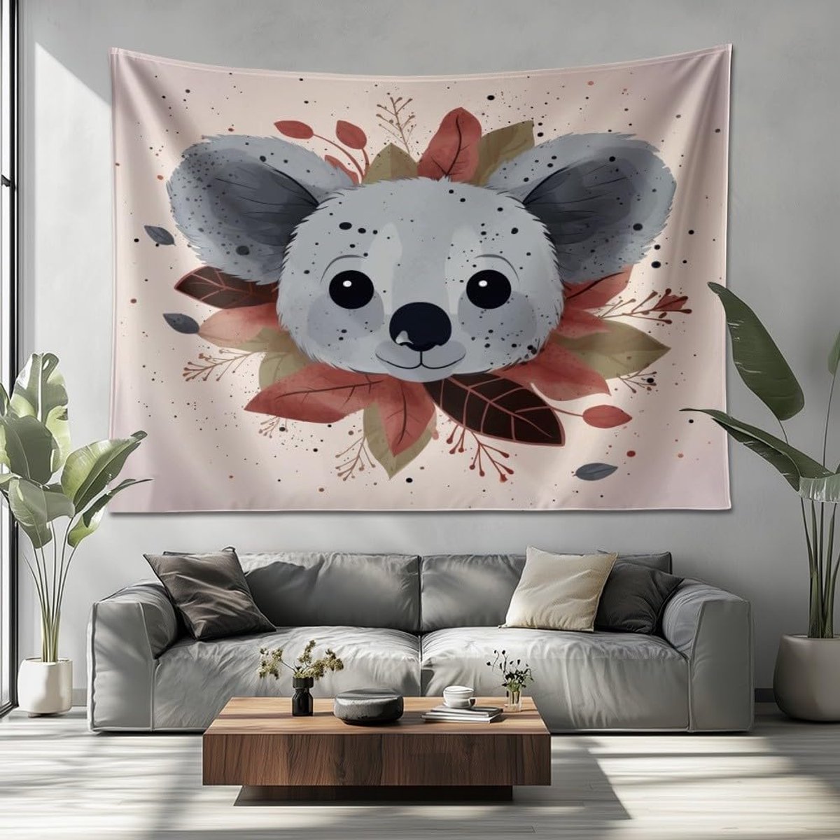 karikatuur, schattig, koala, bladeren, om op te hangen aan de muur, grijs, mandala, Indiaas, Boheems, stof, decoratie voor woonkamer, slaapkamer, 200 x 150 cm