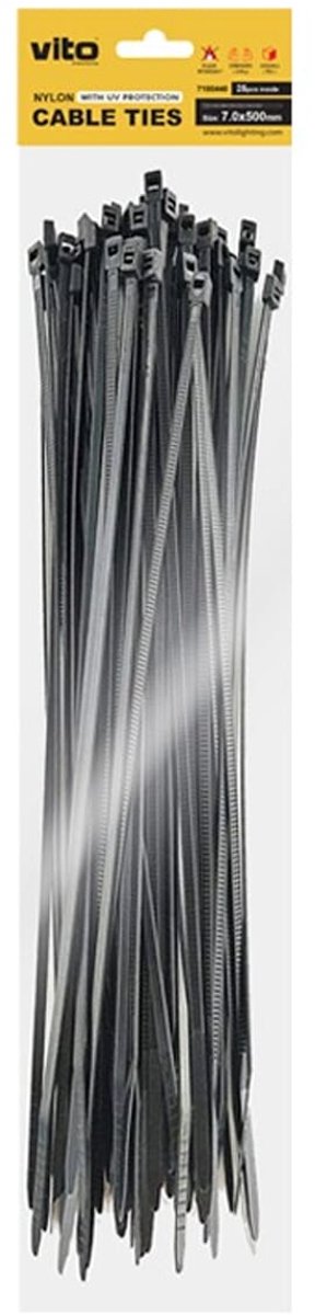 VITO Kabelbinder 7.0x500mm - Zwart - Met UV-bescherming -sfolie 25 stuks in blisterverpakking Kunststof Kabelklem - Kabelbinder - Tieraps