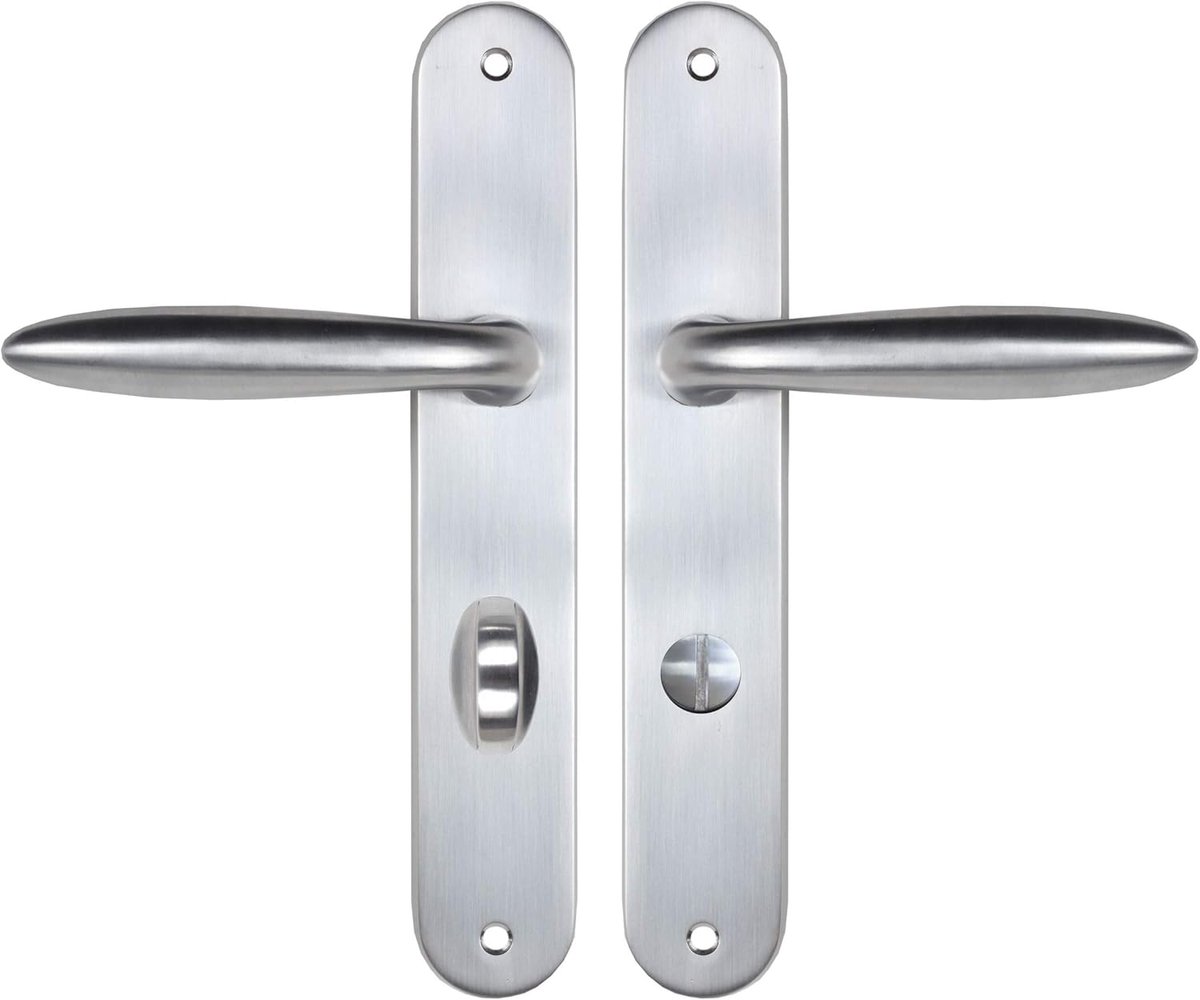 984056 Set zamak handgrepen op schetsplaat voor badkamerdeur, toilet (vergrendeling), zilver