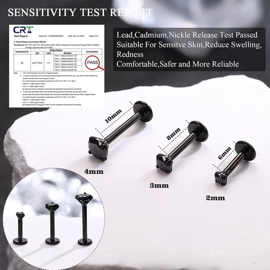 3 Stks 16G G23 Titanium Labret Stud - Intern Schroefdraad Lip Piercing Neus Studs - Lip Bar Tragus Helix Medusa Sieraden 6/8/10MM — afbeelding 3