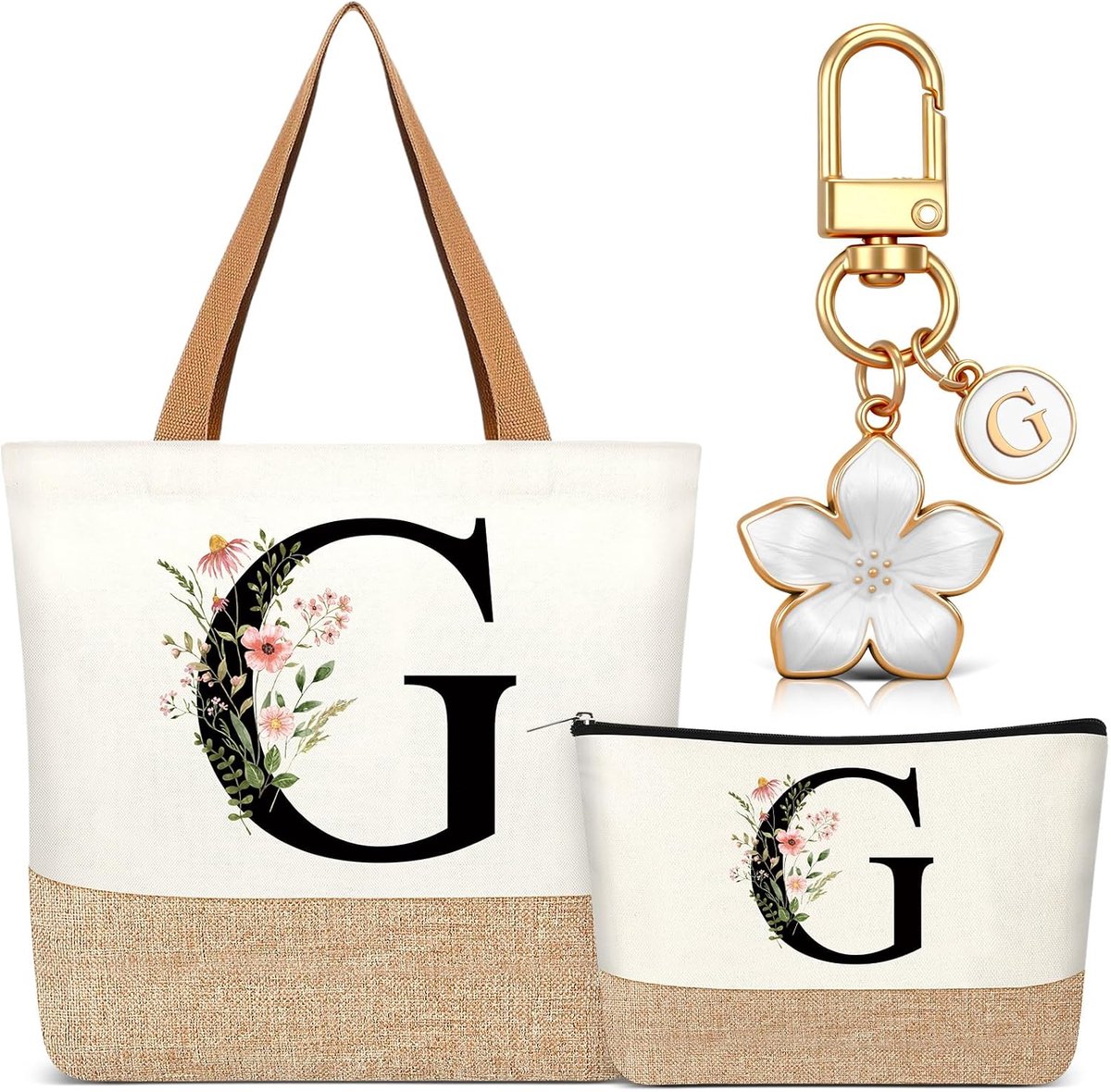 Set van 3 Cadeaus voor Vrouwen 1 Gepersonaliseerde Canvas Tas met Initialen 1 Toilettas met Naam Beautycase 1 Sleutelhanger met Brief voor Vrienden Collega Verjaardagen Bruiloften