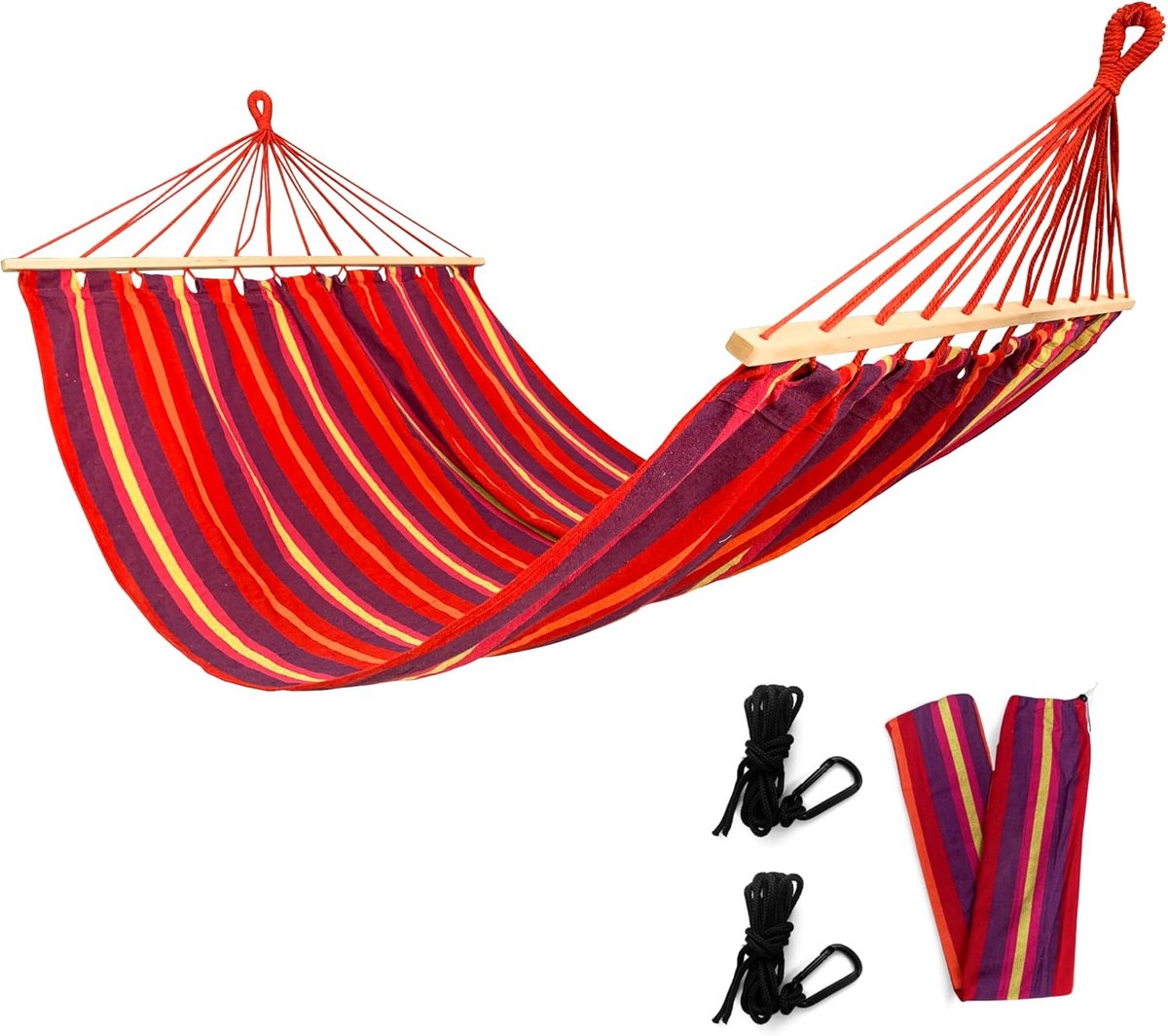 SnelShoppen - Hangmat met spreidstok - 200x140 cm - rood gestreept - 1 persoon - incl. 2 haken, touw en opbergtas - perfect voor tuin, camping en onts