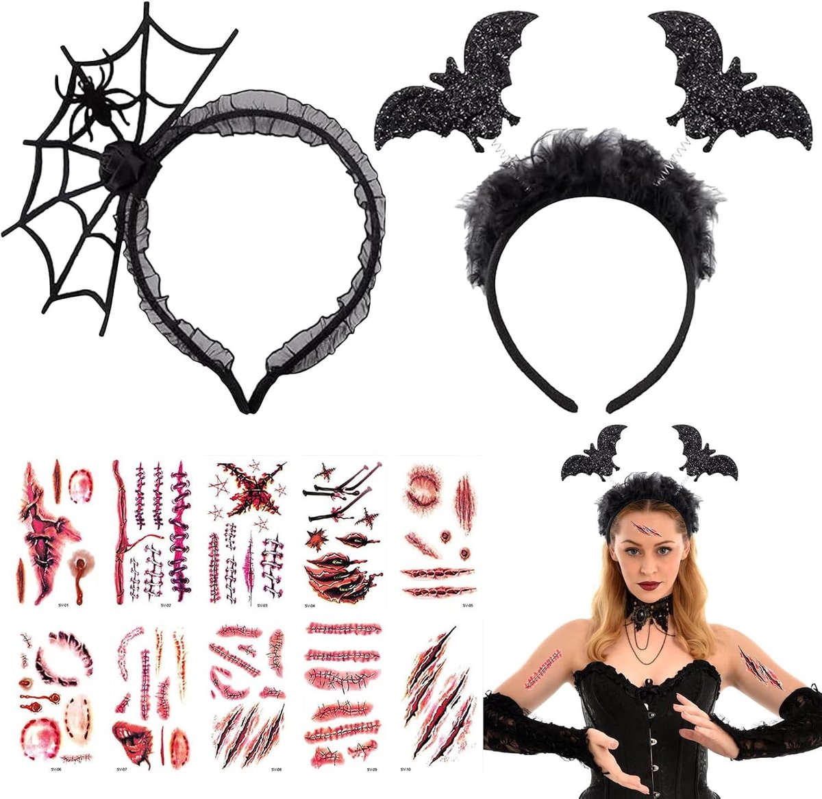 Halloween Haarband Set voor Vrouwen met Vleermuis en Spinnen Stickers - Perfecte Accessoires voor Feestjes en Kostuums