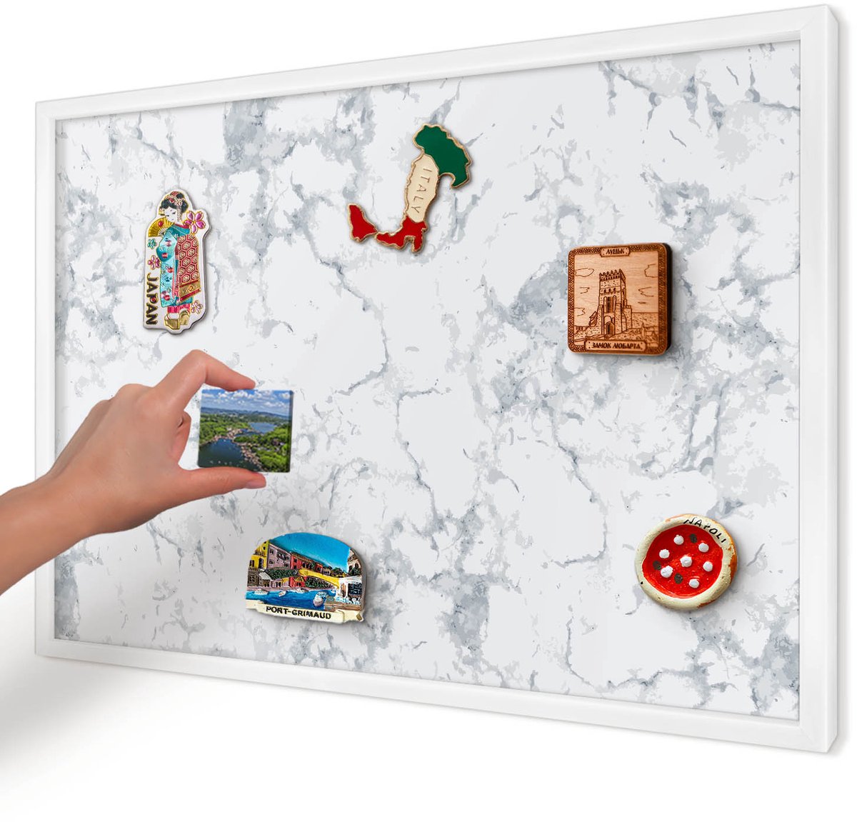Artprintcave Grijs Magneetbord mit Witte Lijst - 60x40 cm - Marmeresthetiek Magneetbord Voor Foto's - Minimalist Magneet Bord mit Frame - Texturen