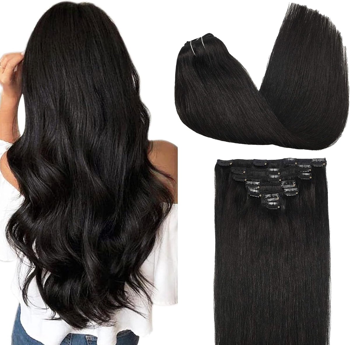 Goo Clip In Haar Extensies Echt Menselijk Haar, Remy 14 inch 120 g 7 Stukken, 1B Natuurlijk Zwart