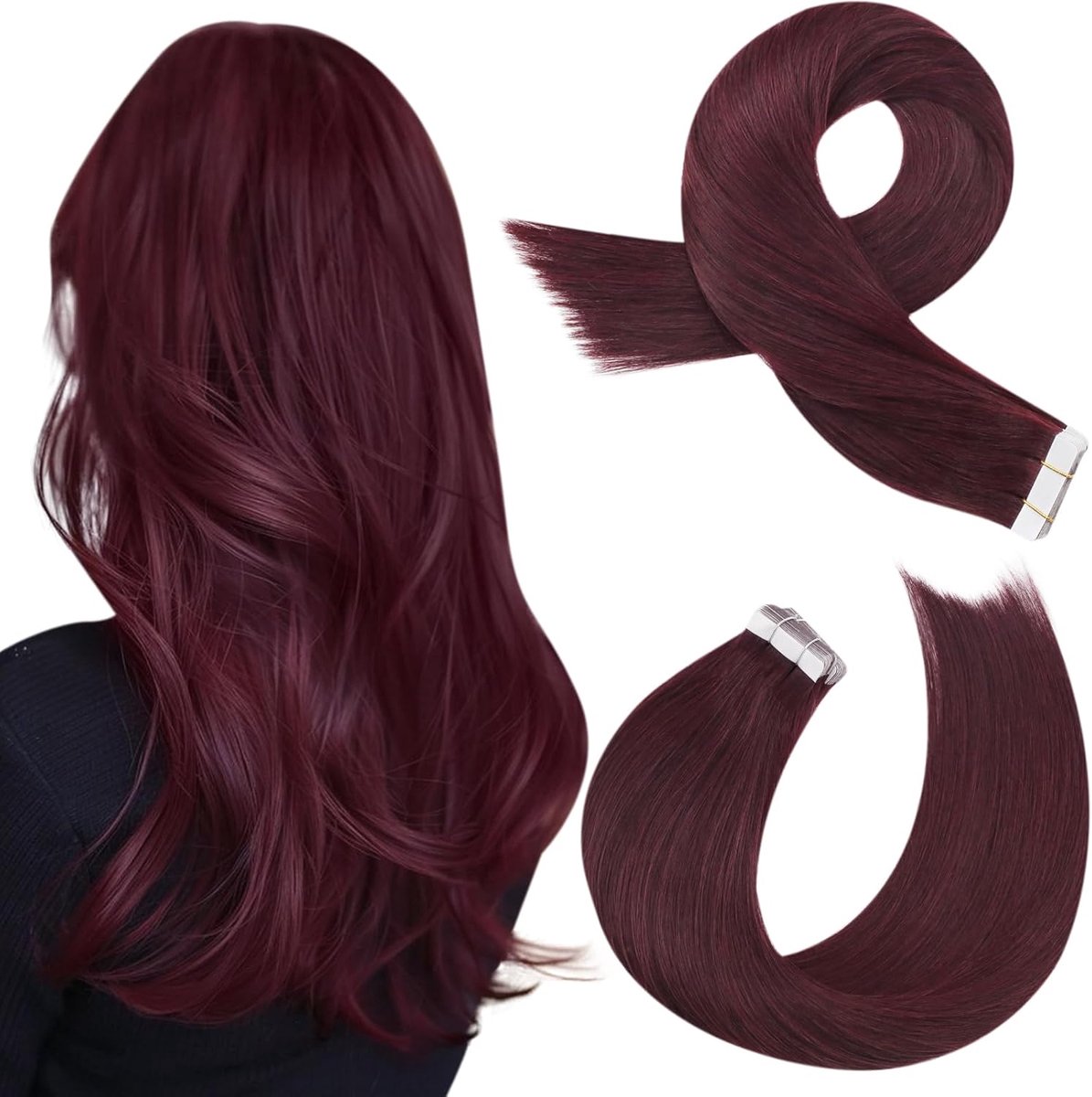 Haarextensies Echt Menselijk Haar Diep Wijnrood #99J 40 cm 20 Stuks 50g | Remy menselijk haar, onzichtbare tape, natuurlijk volume, elegante look, dagelijks gebruik