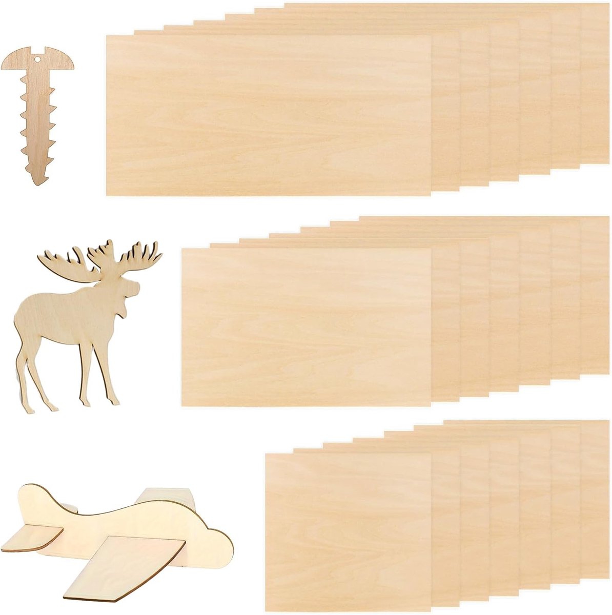 lindemultiplex houten platen knutselset 21 stuks – DIY houtplaten 2mm dikte – 3 maten 100x100, 100x150, 100x200 mm – blank knutselhout voor schilderen, graveren, modelbouw – ideaal voor crea