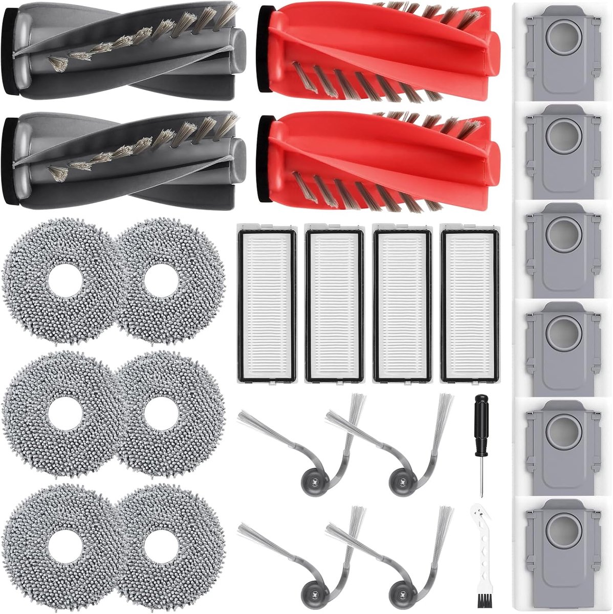26 stuks accessoires voor Roborock Qrevo Curv/Qrevo Edge S5A/Qrevo Edge/Qrevo Curv S5X/Qrevo S5V robotstofzuiger, 2 paar hoofdborstels, 6 stofzakken, 6 dweilpads, 4 filters, 4 zijborstels