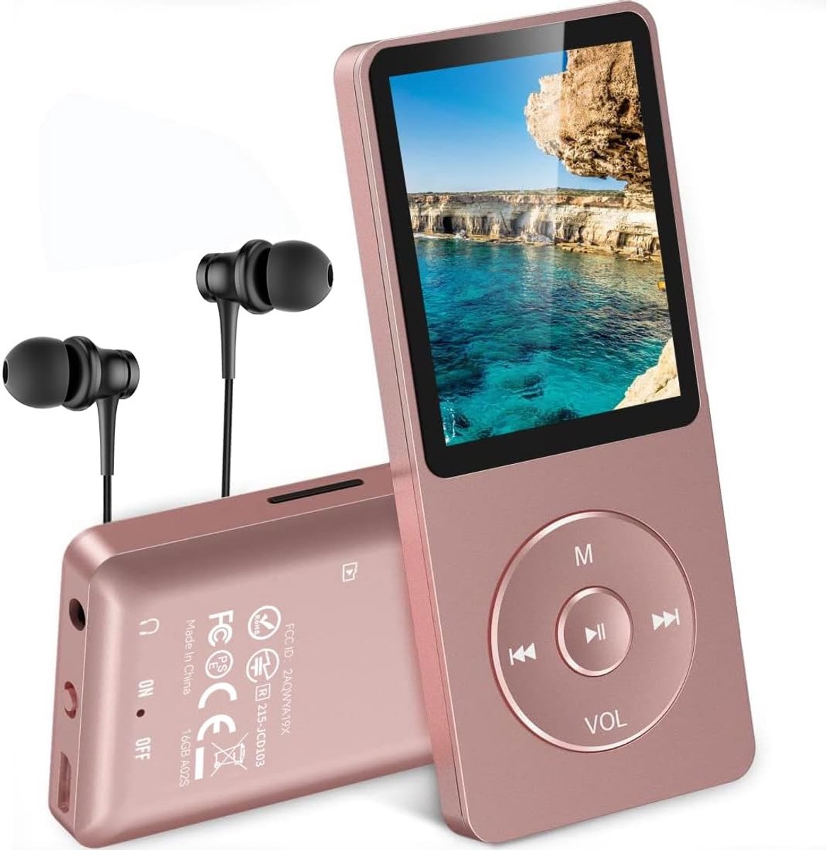 MP3-Speler, 16 GB Lossless MP3 met 1,8 inch Scherm, 70 uur Afspeeltijd, Draagbare Muziekspeler met Koptelefoon, met FM-radio, Foto's, Opnames, E-book, tot 128 GB TF-kaart, Rosé Goud