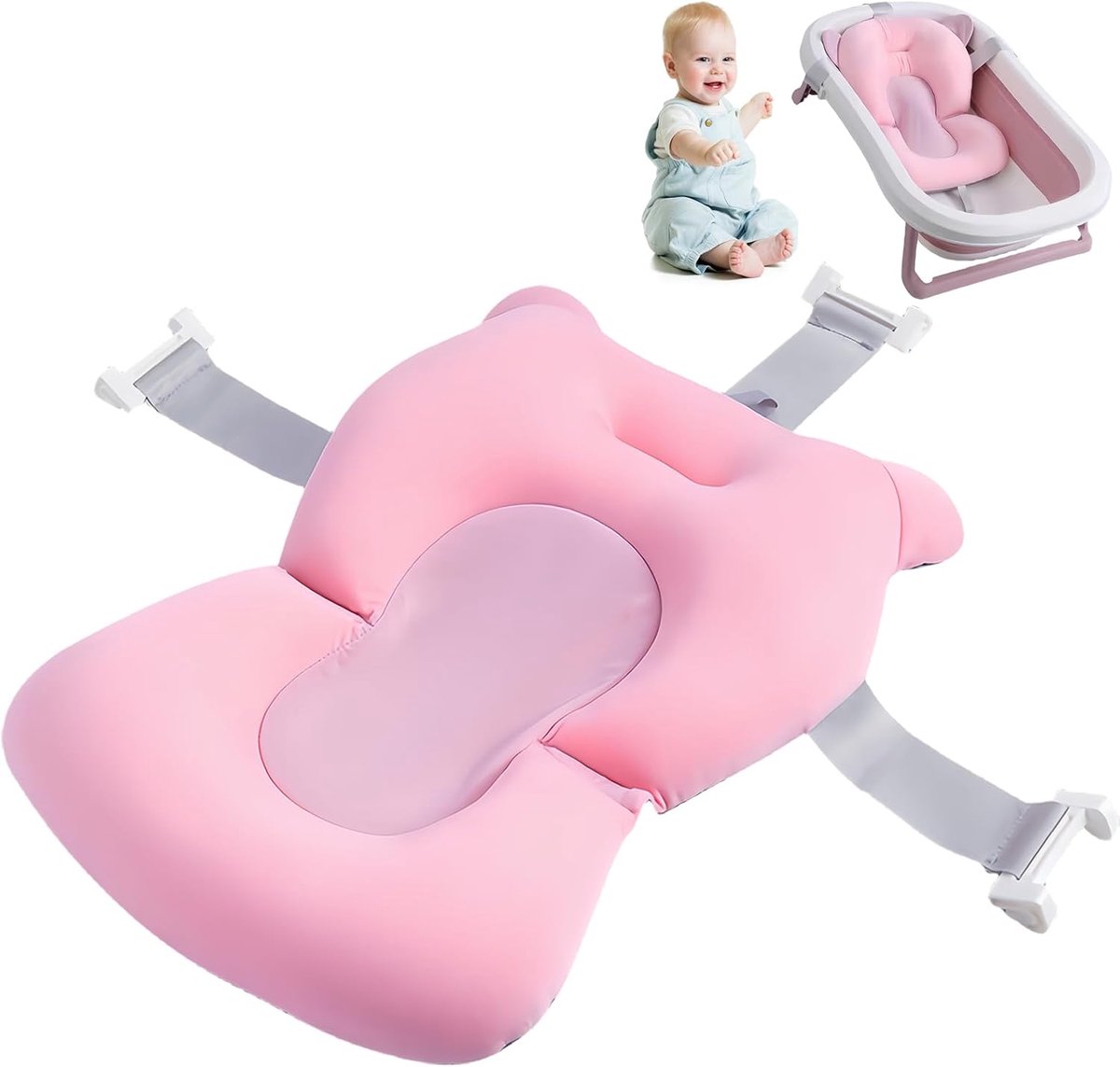 Babybadmat: Badkuipstoel voor Baby en Peuter Met Veiligheidsgordel - Babybadkussen voor Pasgeborenen en Zuigelingen - 0-18 Maanden Babykuip (Roze)