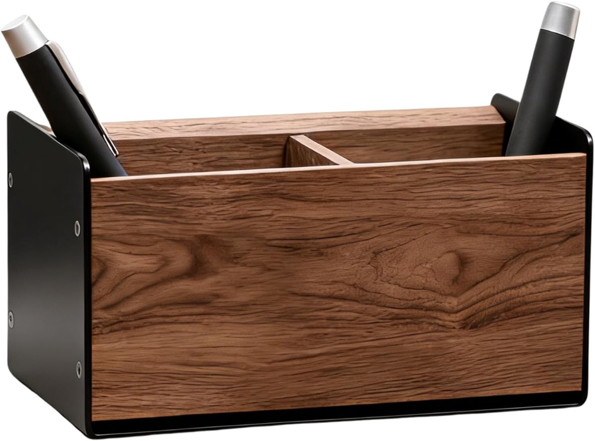 SnelShoppen - Houten Pennenhouder voor Bureau, Walnoot en Aluminium, 7.5 x 7.5 x 8 cm, Vierkant, Designstuk voor Pennen en Potloden, Voor Kantoor, Sch