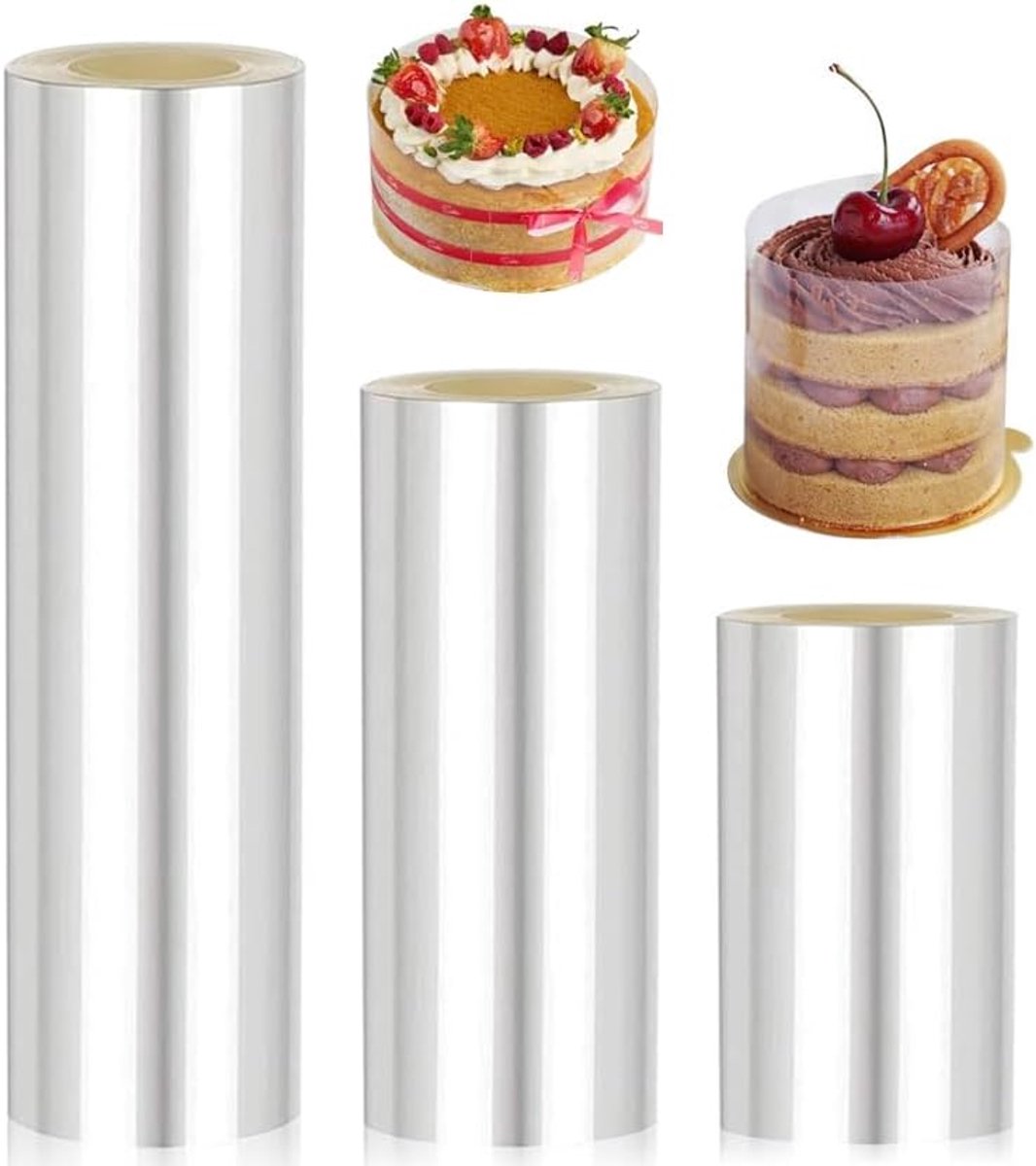 3 rollen taartrandfolie - 8 cm/10 cm/15 cm hoog x 10 m taartfolie, transparant acetaat rol verdikken, taartrandfolie, herbruikbaar, voor taartdecoratie, chocolade, mousse, cake, dessertringen