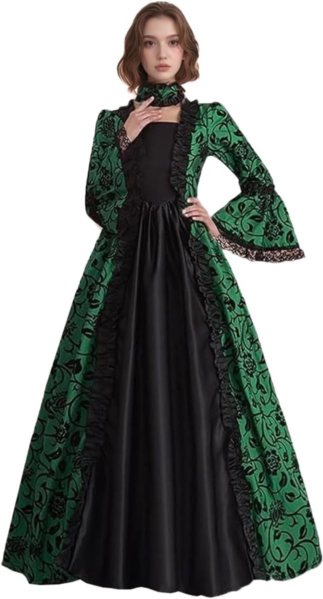hoffeestjurk voor dames, middeleeuwse swing, avondkleding, formele outfit, satijnen uitlopende mouwen, vintage cosplay-kostuums