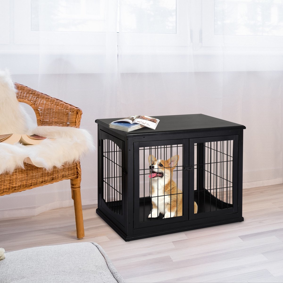 REDOM - Hondenkooi met tafelblad - Met dubbele deuren en gebogen ramen - Voor binnen - MDF en metaal - Zwart - 81 x 58,5 x 66 cm